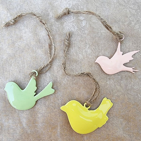 Set of 3 Metal Birds Hanging Ornaments - Green, Peach & Yellow