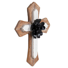 Wood and Metal Flower Cross - Black & White