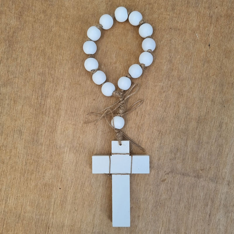 Wooden Hanging Beads And Cross - White